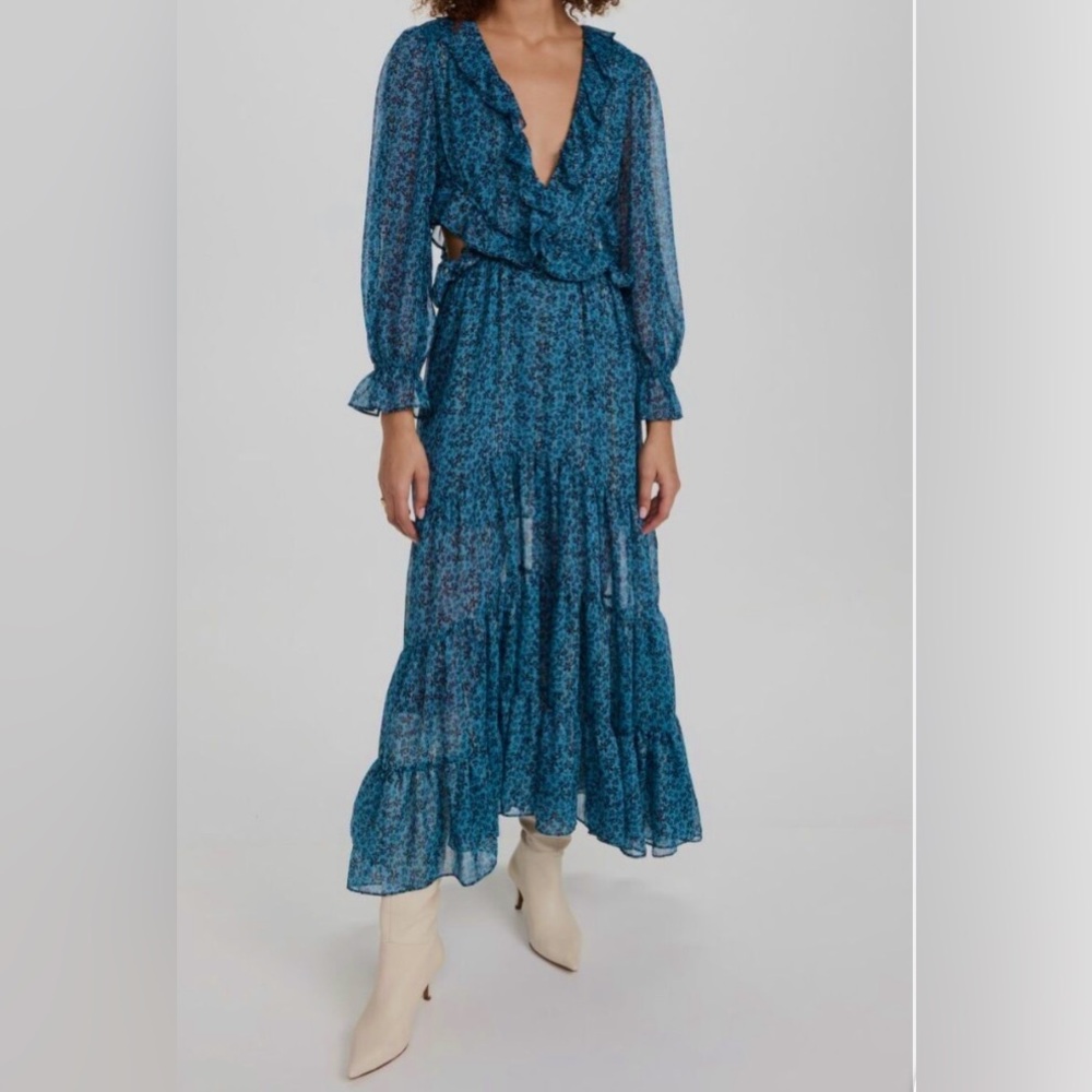 NWT Misa Los Angeles Blue Amelia Floral Cutout Long Sleeve Chiffon Midi Dress